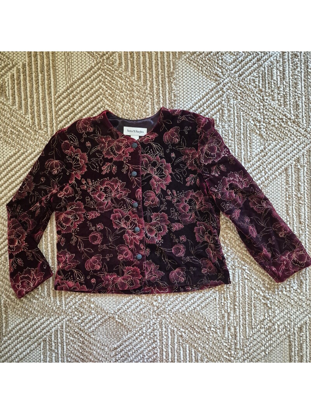 VTG 90s Velvet Floral Brocade Jacket Gold Glitter Burgundy Vampire Chic 12 14